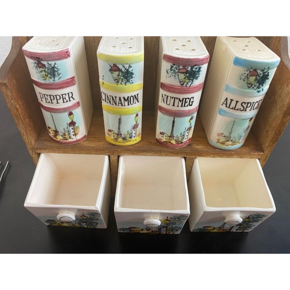 Wood and Ceramic Spice Rack 4 shakers with 3 drawers Japan Vintage City Scene - Picture 4 of 8